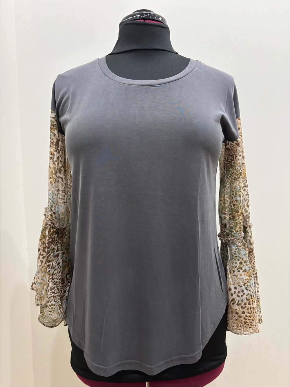 Mystree Gray Tee with Leopard-Print Bell Sleeves